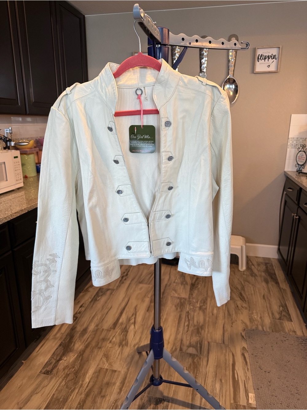 One Girl Who NWT Cream Leather Military-Style Jacket. Size XL